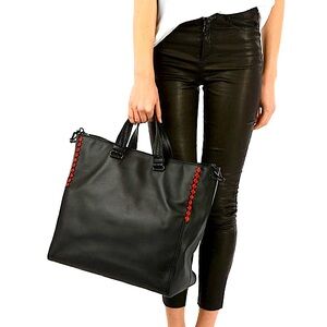 UNICORN! Bottega Veneta Black Calf Leather Tote Laptop Crossbody Weave Accents